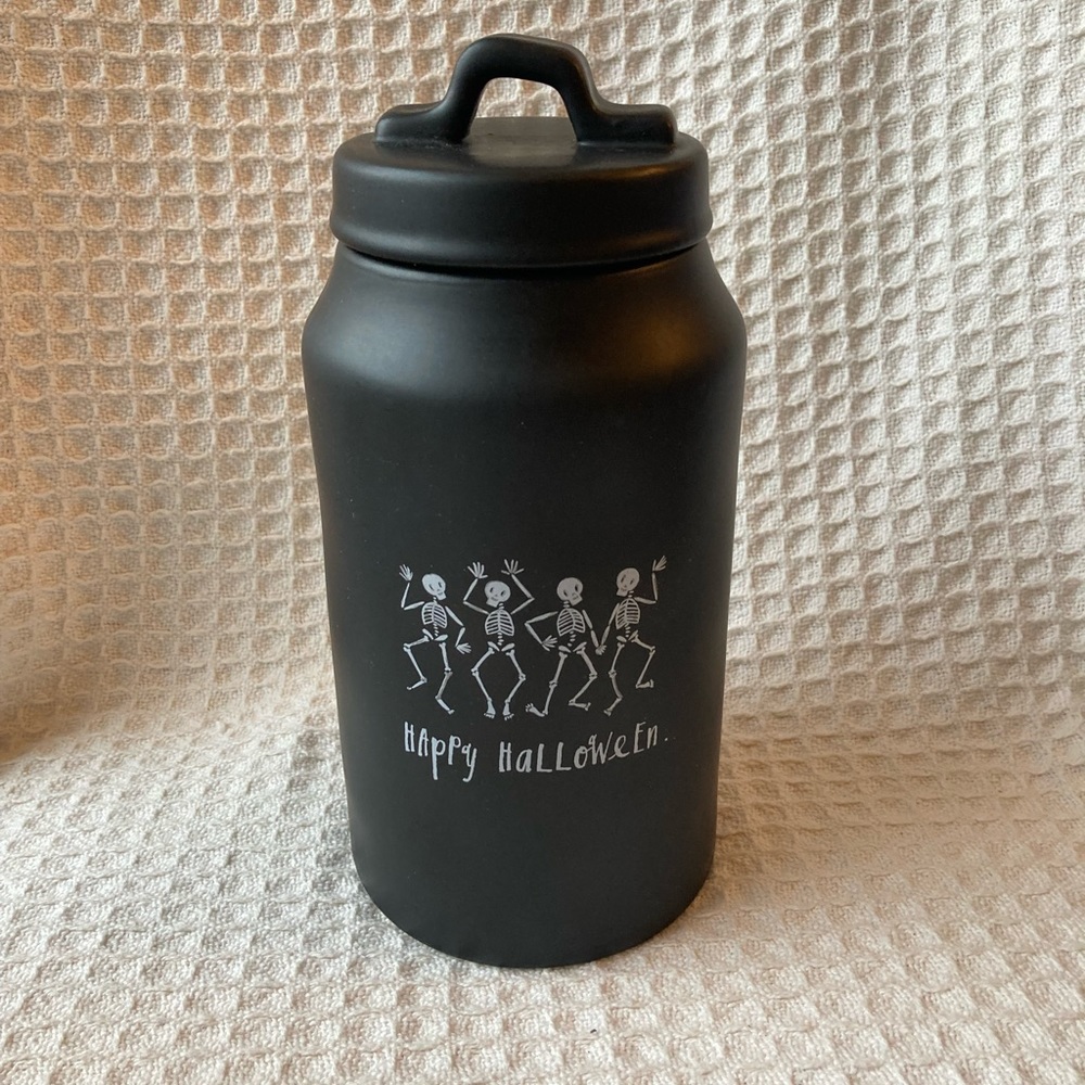 Rae Dunn Dancing Skeletons Happy Halloween Black & White Canister